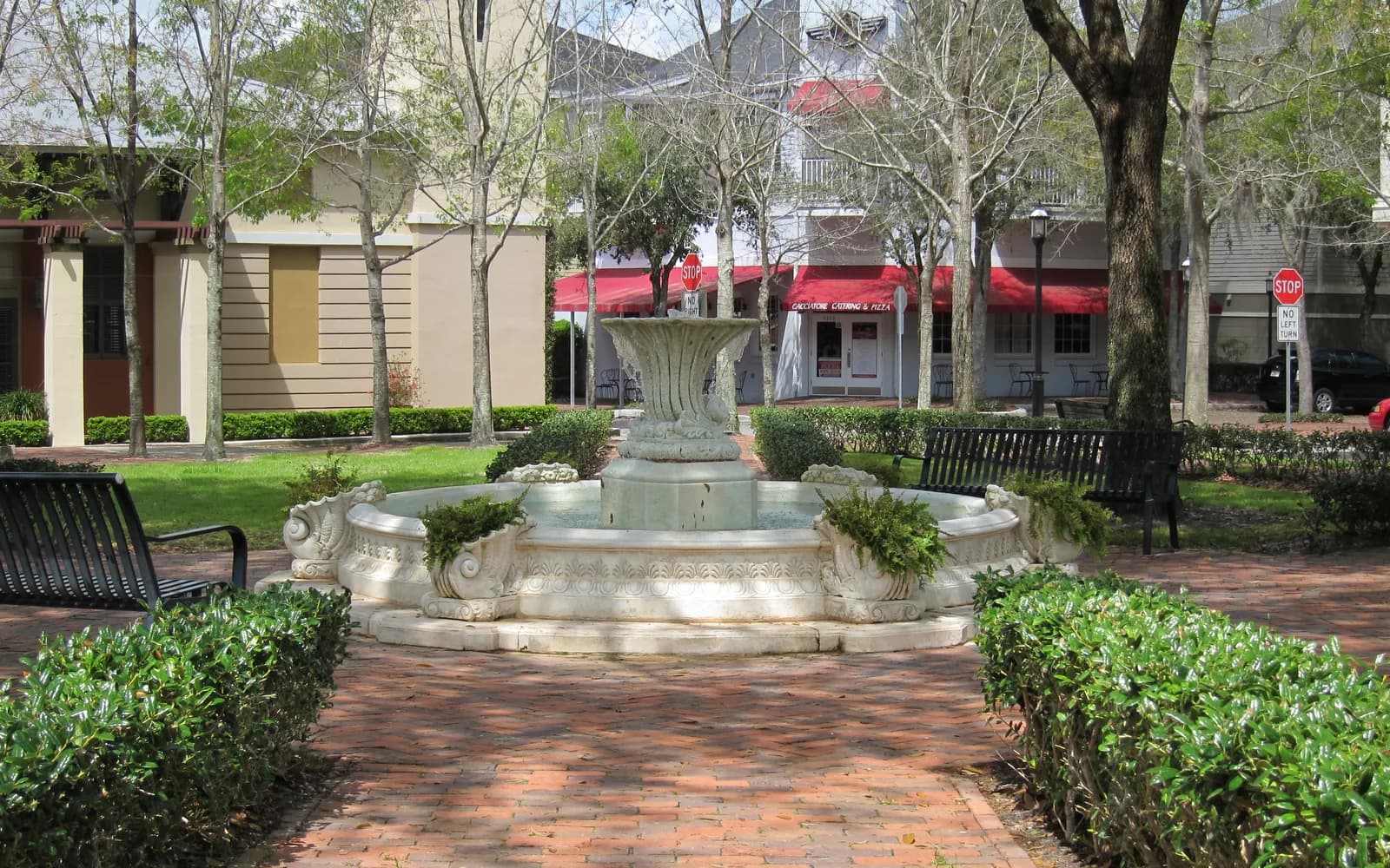 Haile Village Center fountain and storefronts in Gainesville, Florida