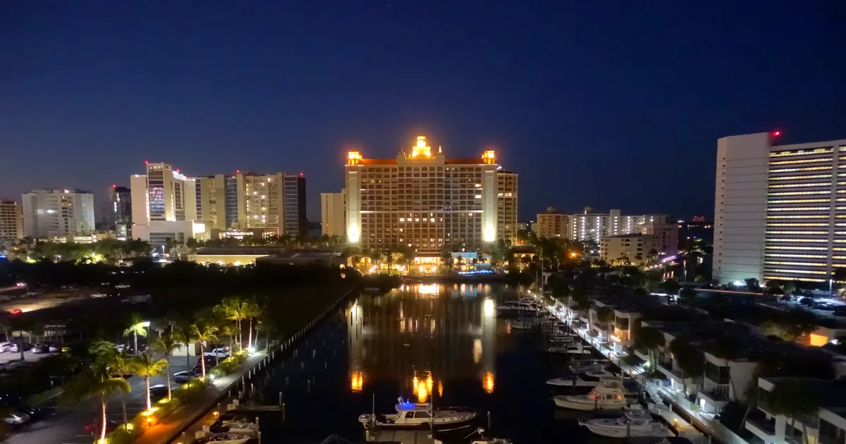 Sarasota marina waterfront at night in Sarasota, Florida